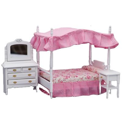 China 1:12 Mini Doll House Furniture Wood Bedroom Micro Scene Bedroom With Bed Dressing Mirror Top Nightstand for sale