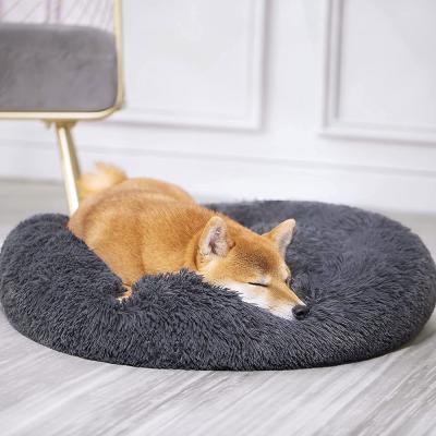 China Dismountable Round Washable Fluffy Donut Fur Machine Design Donut Blanket Cuddler Dog Calming Bed For Small Medium Large Dogs for sale