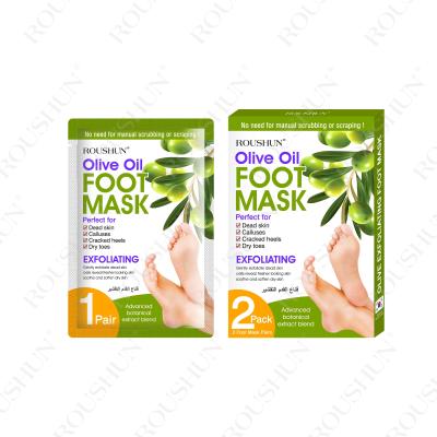 China Remove Thick Corny Layers Roushun Private Label Acceptable Remove Dead Skin Foot Foot Mask Peeling Nourish Exfoliating Olive Foot Mask for sale