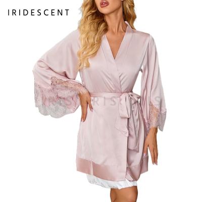 China Hot Products Iridescent QUICK DRY Ladies Belted V-neck Satin Night Gown In Stock for sale