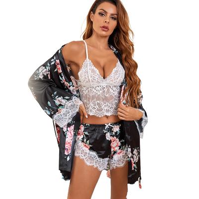 China New style wholesale faux silk QUICK DRY home wear comfortable three-piece fashion lace woman pajamas suit for sale