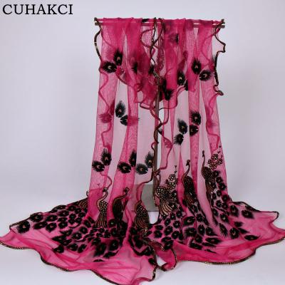 China Soft Smooth Feeling Silk Long Veil Women Peacock Lace Chiffon Scarf Ladies Soft Feeling Soft Shiny Soft Floral Shawl 21 Colors for sale