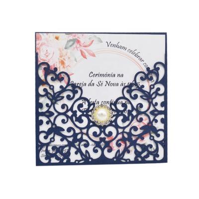 China Pocket Style Navy Blue Wedding Paper Laser Cut Invitation Cards Bead for sale