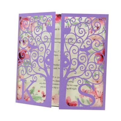 China Door Paper Style Customized Initials Laser Cut Purple Wedding Invitation Cards for sale