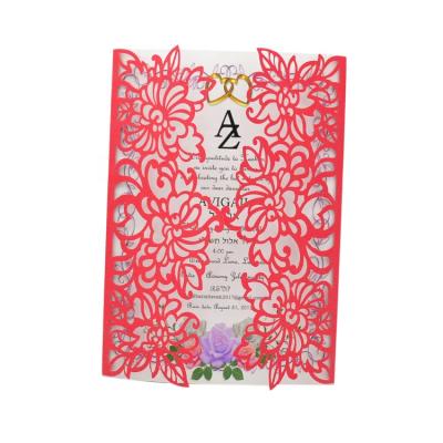 China Red Pearl Paper Laser Cut Floral Indian Wedding Invitation Cards for sale