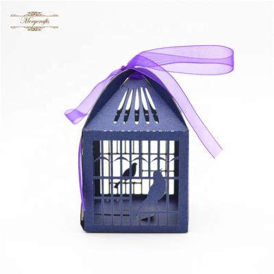 China Birdcage Paper Laser Cut Navy Blue Personalized Wedding Favors Candy Boxes for sale