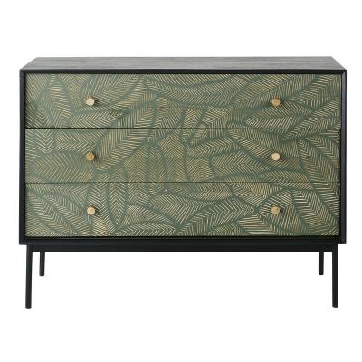 China Tropical Black Carved Drawer 3-Drawer Style Storage Cabinet Chest With Leaf Patterns for sale