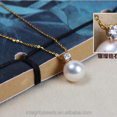 China Simple design akoya 3A pendant necklace punk 8mm seawater zircon gold natural pearl, pearl pendant gold for sale