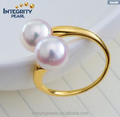 China Luxury high quality natural white akoya 3A 18k gold pearl ring from punk 7-7.5mm, 2 pearl ring for sale