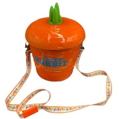 China Food Carrot Shape Metal Tin Bucket With Lid And Rope For Popcorn Or Food for sale