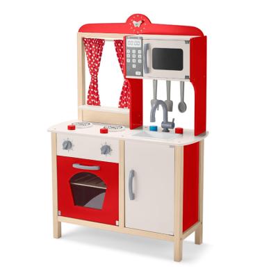 China Kids Big Red Wooden Wooden Play City Play Kitchen Fun With Cook Food Accessories Pretend Play Set Toys For Girls And Boys WD12014 for sale