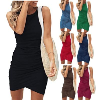 China Women Casual Dress Anti-Static Crew Neck Ruched Sleeveless Shorts Mini Dresses Summer Tank Bodycon Shirt for sale