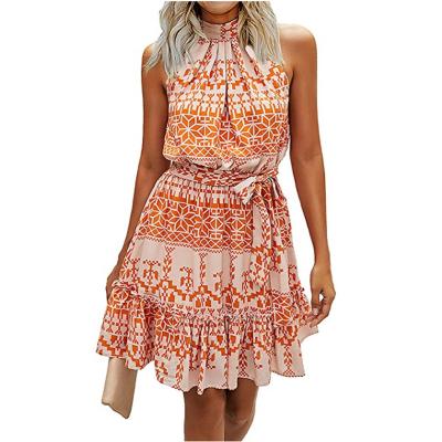 China Anti-wrinkle Summer Halter Neck Ruffle Belt Boho Sleeveless Casual Polka Dot Women Floral Dresses Leopard Print Sun Short Dress for sale