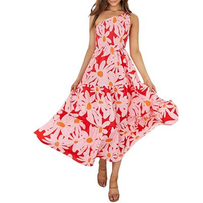 China Anti-wrinkle Women's Summer Bohemian Floral Print One Shoulder Ruffle Sleeveless Tiered Beach Smocked Midi Long Dress for sale