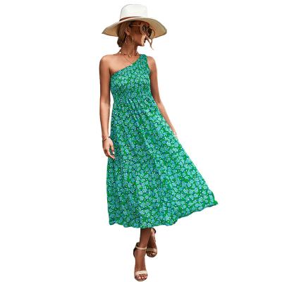 China Sleeveless Ruffled Waist Flowy Empire Bohemian Casual Shoulder Floral Dress One Shoulder Anti-wrinkle Women's Summer Midi Dresses for sale