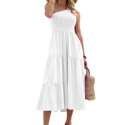 China Summer One Shoulder Anti-Wrinkle Women's Ruffle Sleeveless Flowy Bubbled Elastic Backless Tiered Smocked A Line Long Maxi Dress for sale