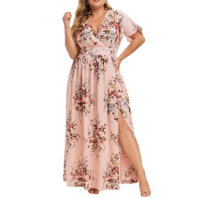 China New Viable Short Sleeve V-Neck Floral Print Chiffon Woman Dress A-Line Summer Dress Long Sexy Plus Size Dresses for sale