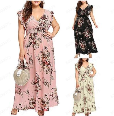 China Vintage V-Neck Floral Print Women Elegant Casual Short Sleeve Viable Summer Plus Size Maxi Floral Dress for sale