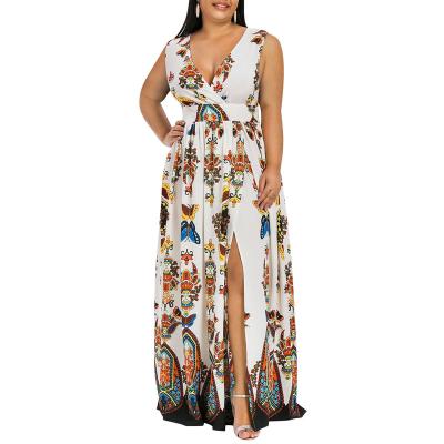 China Viable Summer 5XL Casual Plus Size Sleeveless V Neck Floral Print Deep Slit Dresses Side Long Dress For Fat Women for sale