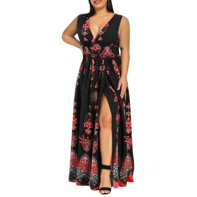 China Sexy viable fashion plus size casual women floral print maxi long ladies clothes high waist V-neck summer slit beach sleeveless dress for sale