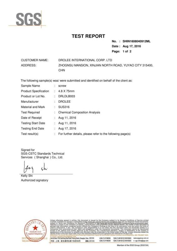 SGS Report - SUS316 - Ningbo Rolee Import and Export Co., Ltd