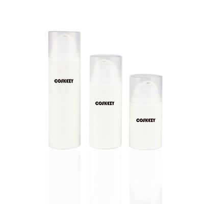 China PACKAGING BEAUTY 30ml white pp airless pump bottle with clear cap,30ml round pp airless pump bottle,small plastic pump airelss bottle wholesale for sale