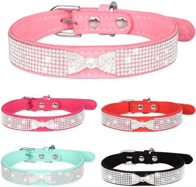 China Warehouse Diamond Bow-Knot Design Adjustment Inlaid Rhinestone Collar Buckle JEWELED Pet Collars and Leash for sale