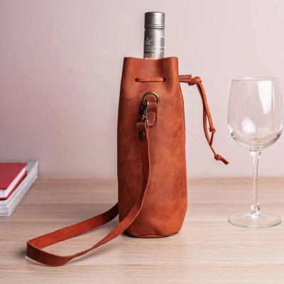 China Viable Handmade Genuine Leather Tote Carrier Bag Wine Bottle Holder Bag For Women Men for sale