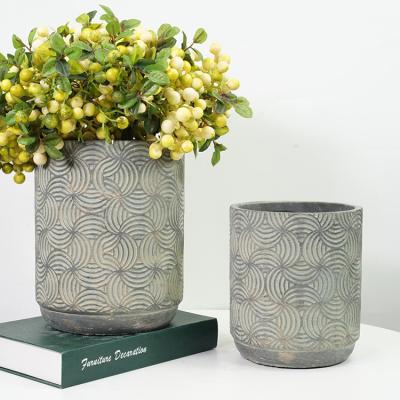 China Eco-friendly Outdoor Decorative Unique Embossed Rustic Antique Flower Pots Cement Round Vase Cement Garden Planter Pot for sale