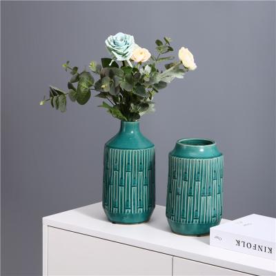 China Ceramic Vases Hot Selling Items Modern Style Wholesale Emboss Design Green Ceramic Flower Vase For Wedding Decor for sale