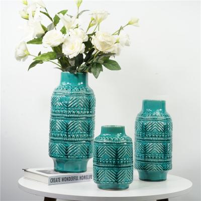 China Modern Ceramic Home Decoration Flower Vase Round Shape Table Top Relief Surface Style Ceramic Ware Vases for sale