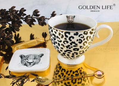 Китай Ceramic Cup Animal Leopard Design with 9.5cm square Dish Footed coffee Mug продается