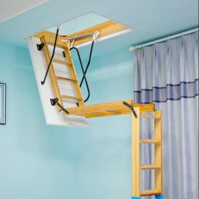 China 2.7-3.0 Attic Good Quality Retractable Manual Wooden Ladder Hand Control Retractable Ladder for sale