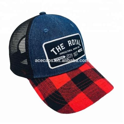 China JOINT Red Mesh Denim Back Brim Baseball Lattice Grid Royal Trucker Hat for sale