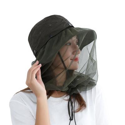 China Jungle Striped Outdoor Mountaineering Anti-ultraviolet Honey Mosquito Repellent Big Brim Bucket Hat With Mosquito Net for sale