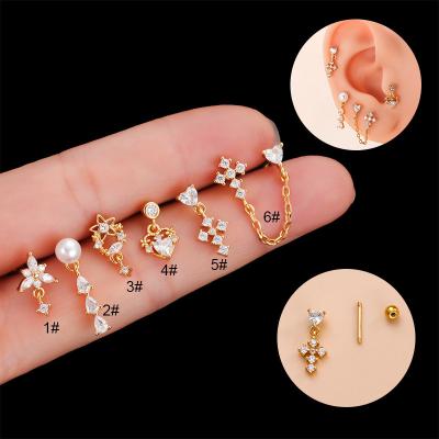 China New Trendy Wholesale Stainless Steel Screw Ear Bone Stud Women Double Head Earrings Studs Cross Heart Zircon Dangle Stud Earrings for sale