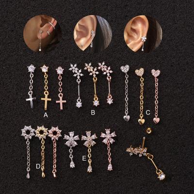 China Korean Cute Fashion Puncture Earrings For Women Jerwelry Stainless Steel Heart Cross Flower Dangle Earrings For Girls for sale