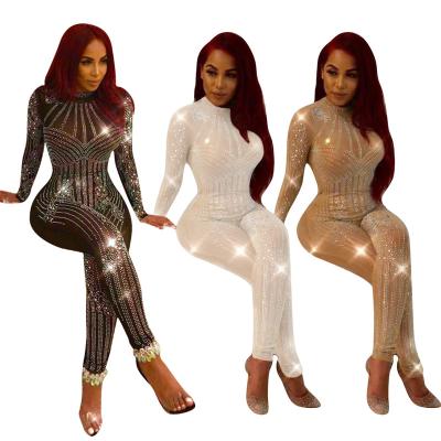 China QUICK DRY Women's Sexy Long Sleeve See Through Rhinestone Bodycon Mesh Jumpsuits Women 2020 Fashion Club Night Any Special Occasion Wear for sale