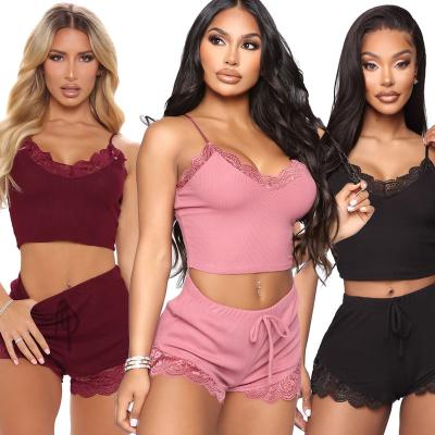 China QUICK DRY sleeveless camisole tops and shorts lace up patchwork 2 piece sleep pajama set women sexy pajama sets women for sale