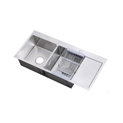 China Modern unique design multi-functional stainless steel double bowl brushed handmade kitchen sink large with drain panel for sale