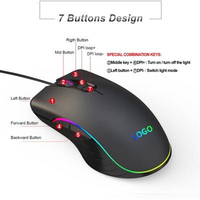 China Surface Soft Touch Feeling Wired 2022 Custom Logo 7D Optical Gaming DPI1600/3200/6400 Adjustable Mouse for sale