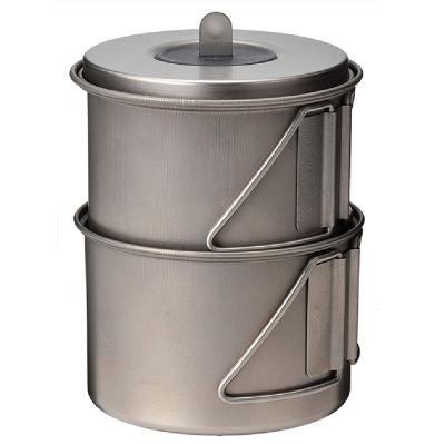 China Hot Selling Lightweight 750ml 900ml 1100ml Cooking Pans Titanium Camping Pots With Folding Handle And Lid for sale