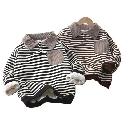 China Breathable New hot sale kids casual hoodies baby boy long sleeve striped top child thick fleece pocket round neck pullover sweatshirt for sale