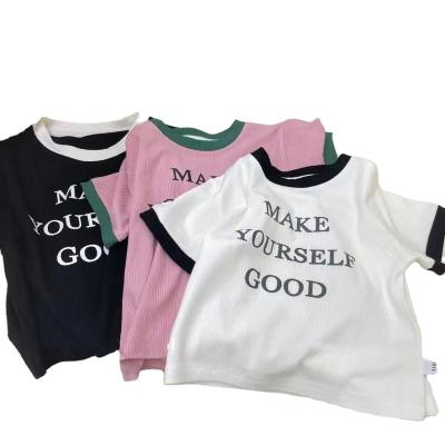 China Breathable Summer new girls' ice silk short T children's half sleeve casual base elastic baby letter thin top for sale