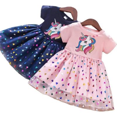 China Washable 2023 New Summer Girls Dress Cotton Cartoon Unicorn Splicing Mesh Party Princess Dresses For Girls Birthday Clothes for sale