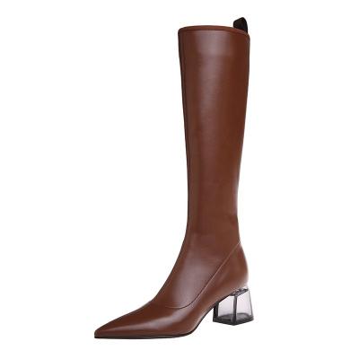 China Fashion Trend Customize Western Boots Women's Cowboy 2022V-neck MM High Heel Leather Boots Pointy High Leg Chunky BootsManual For Women for sale