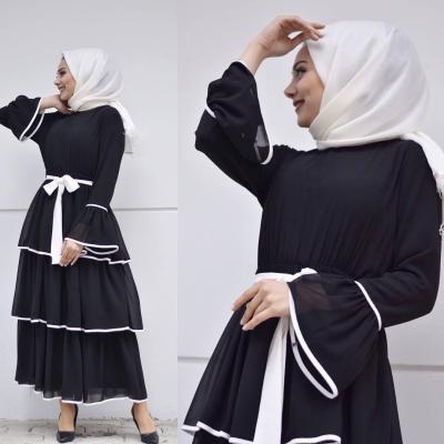 China Latest Muslim Long Sleeve Dress Sashes Designs Islamic Clothing Women Solid Plain Closed Muslim Dress Maxi Long Gown Robe Arabian Dres Black And White Abaya for sale