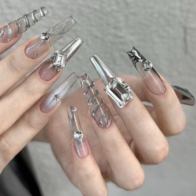 China Shinning Stones Press On Nails Coffin French Tip Nails Manicure Acrylic Stick On Nails Easy for sale