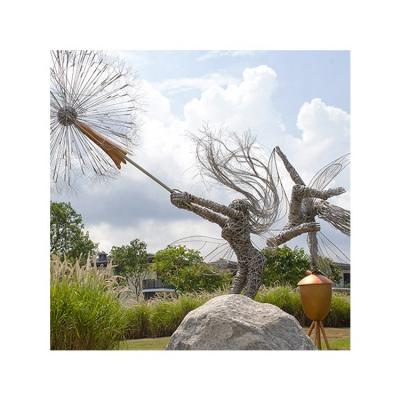 China Outdoor Scenic Cavity Fairy Character Stainless Steel Sculpture Elf Dandelion Europe Illustration Creative Landscape Sculpture for sale