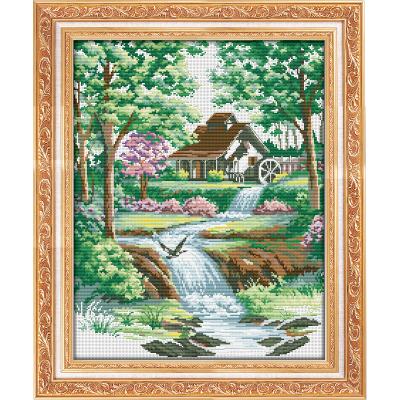 China DIY Cross Stitch Needlework Handmade Forest Cottage Near Creek Painting Places For Embroidery Kits for sale